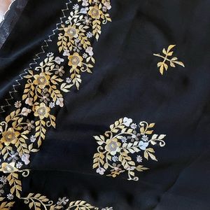 Black and Tan georgette sari with thread embroidery